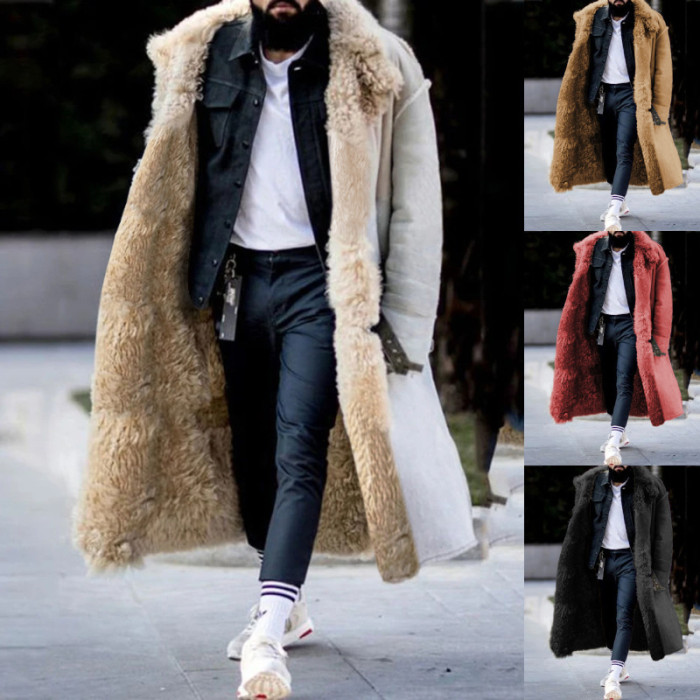 Men's Fashion Thick Faux Fur Solid Color Cardigan Long Coat