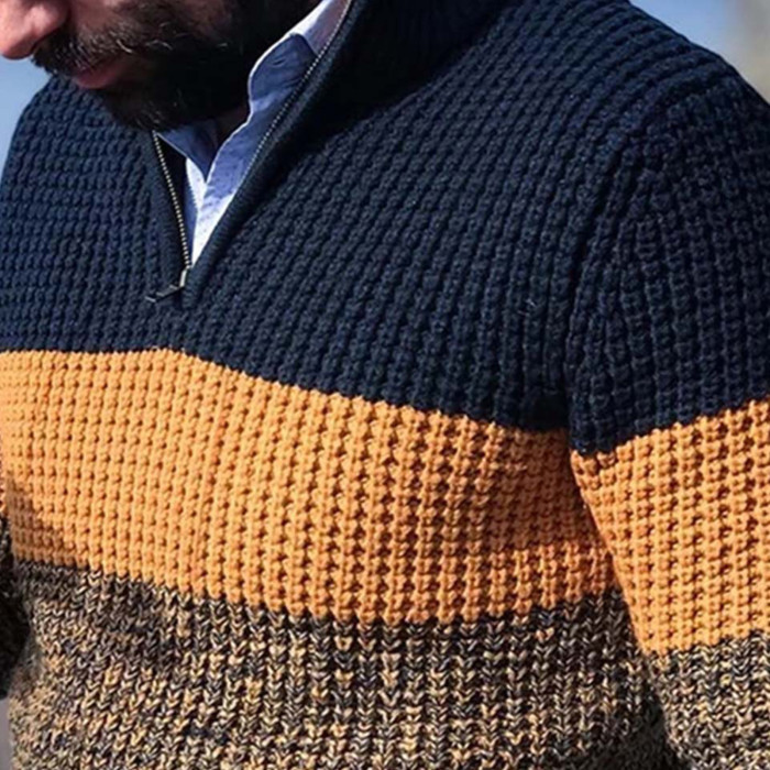 Men's Loose Fashion Long Sleeve V Neck Color Block Knit Sweater