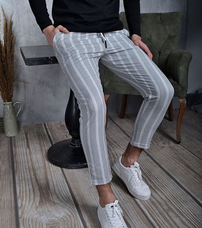 Men's Fashion Classic Stripe Print Business Casual Slim Drawstring Pants