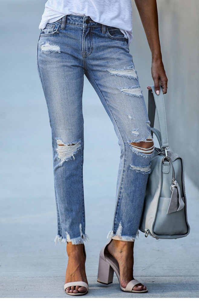 Women's Mid Rise Ripped Tassel Fashion Casual Slim Jeans