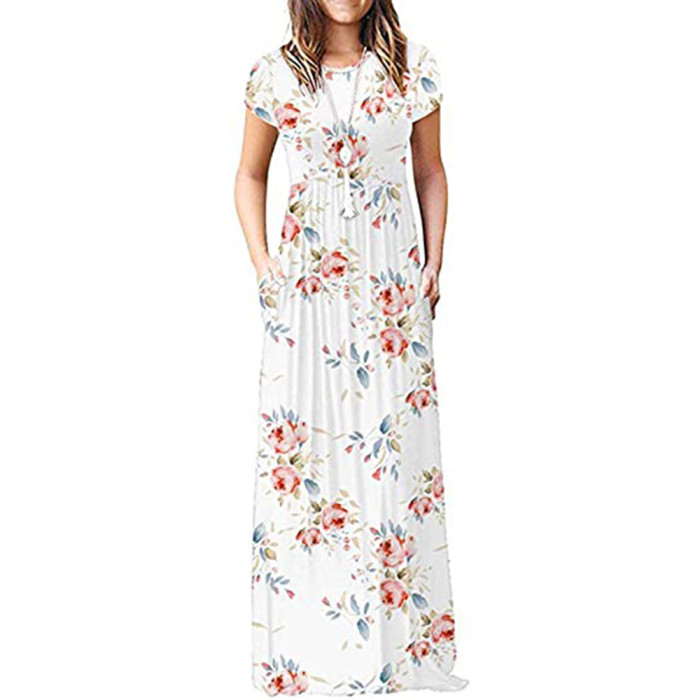 Pleated Round Neck Floral Maxi Dress