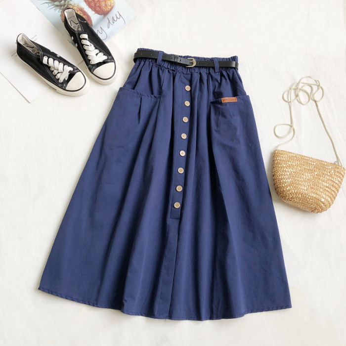 Fashion Casual Cotton Button Pocket A-Line High Waist  Skirts