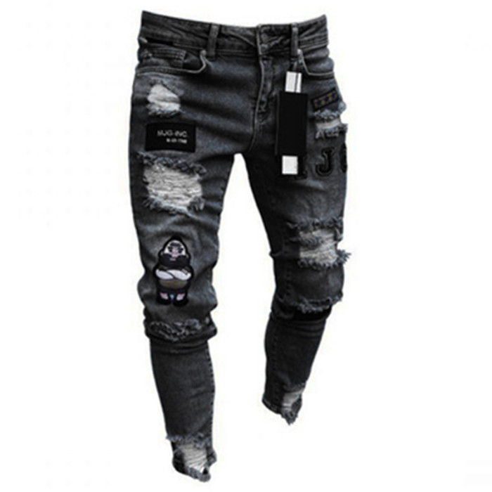 Men's Stylish Embroidered Cotton Stretch Ripped Skinny Jeans