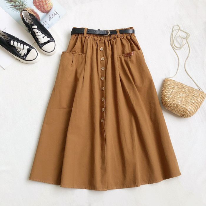 Fashion Casual Cotton Button Pocket A-Line High Waist  Skirts