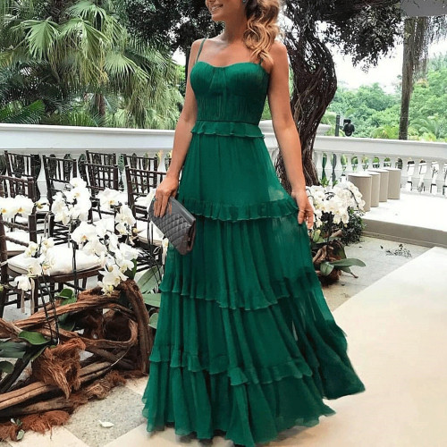 Trendy Tulle Elegant Party Sleeveless Sexy Pleated Ruffle  Maxi Dress