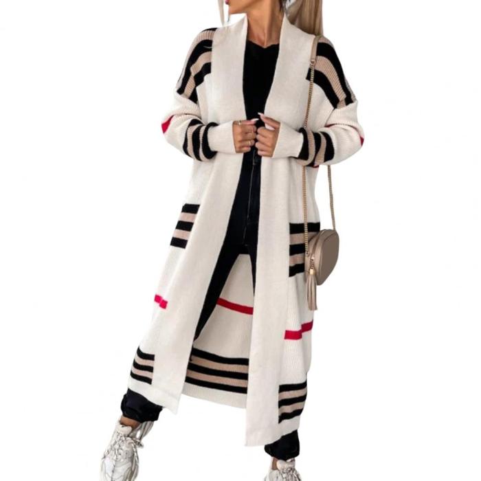 Knitted Cardigan Striped Patchwork Elegant Loose Long Outerwear Sweater Coat