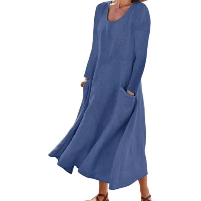 Fashion O-neck Long Sleeve Pocket Loose A-Line Retro Large Hem Maxi Dress