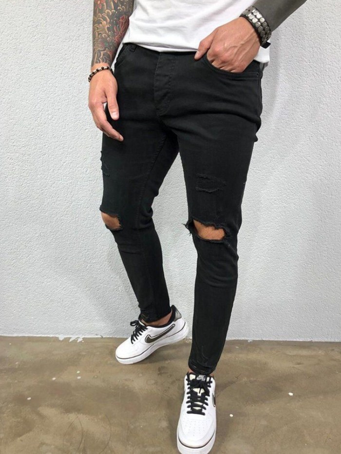 Men's Solid Color Skinny Ripped Stretch Slim Jeans