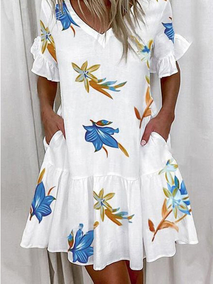 Fashion V Neck Ruffle Elegant White Embroidered Lace Mesh Party Mini Dress