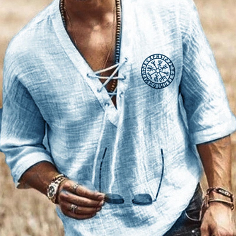 Men's Solid Color Tops Casual Short Sleeve Cotton Linen Loose Blouse & Shirts