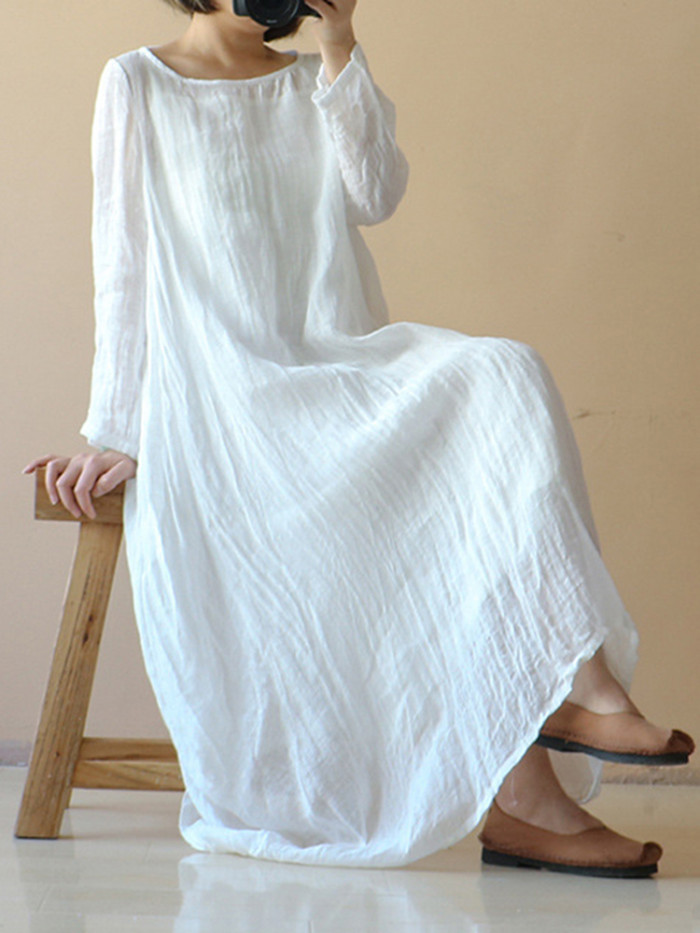 Boho Solid Color Fashion Long Sleeves Casual Loose Beach Party Maxi Dress