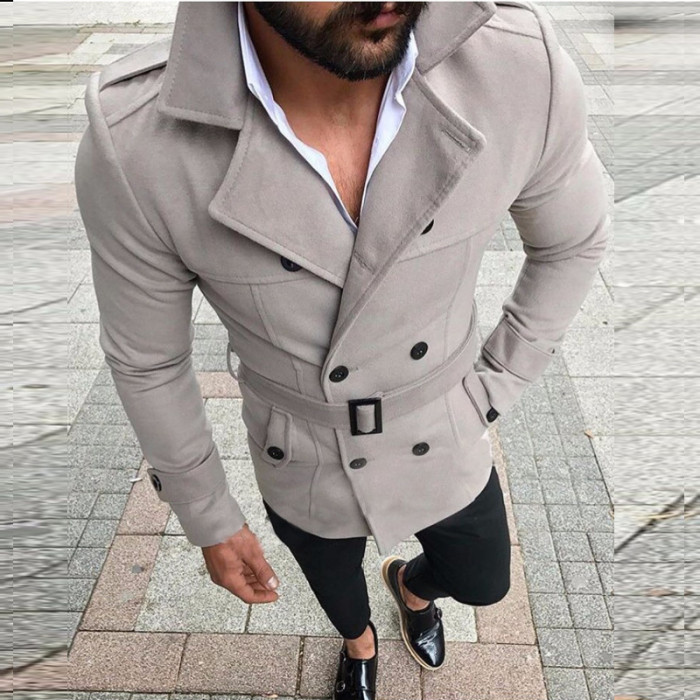 Men's Fashion Woolen Lapel Double Button Cold-Proof Mid-Length Coat