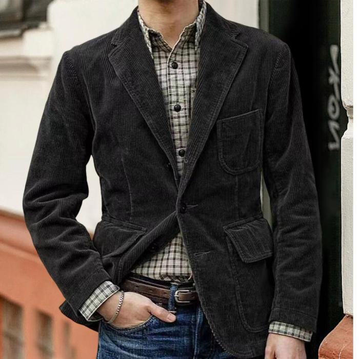 Long Sleeve Pocket Single Breasted Corduroy Lapel Collar Office Jacket Mens