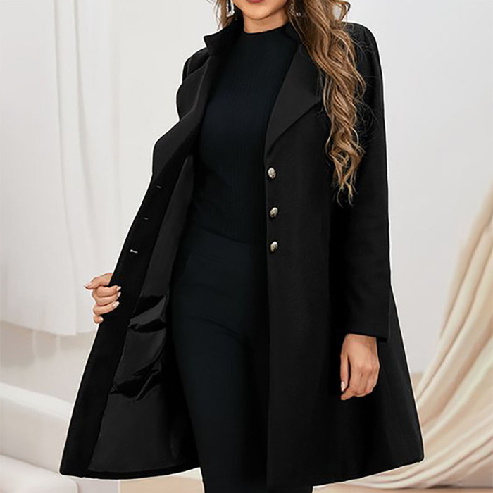 Fashionable Long-Sleeved Woolen Lapel Solid Color Loose Coat