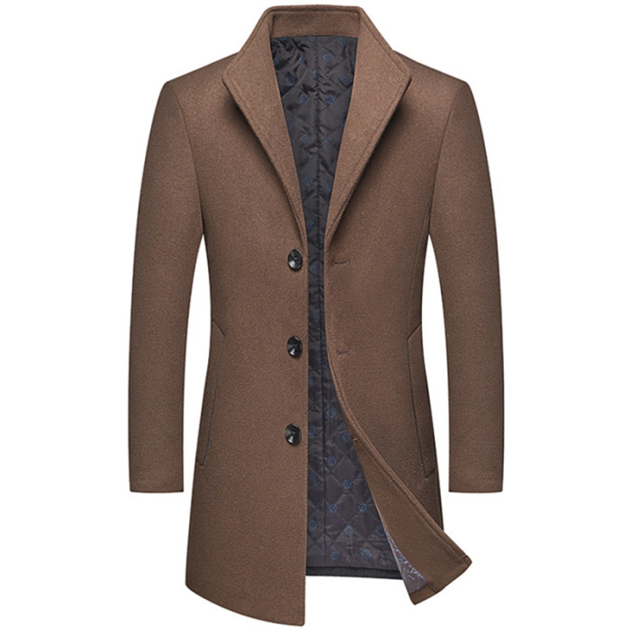 Men's Casual Long Wool Coat Solid Color Lapel Single Breasted Coat