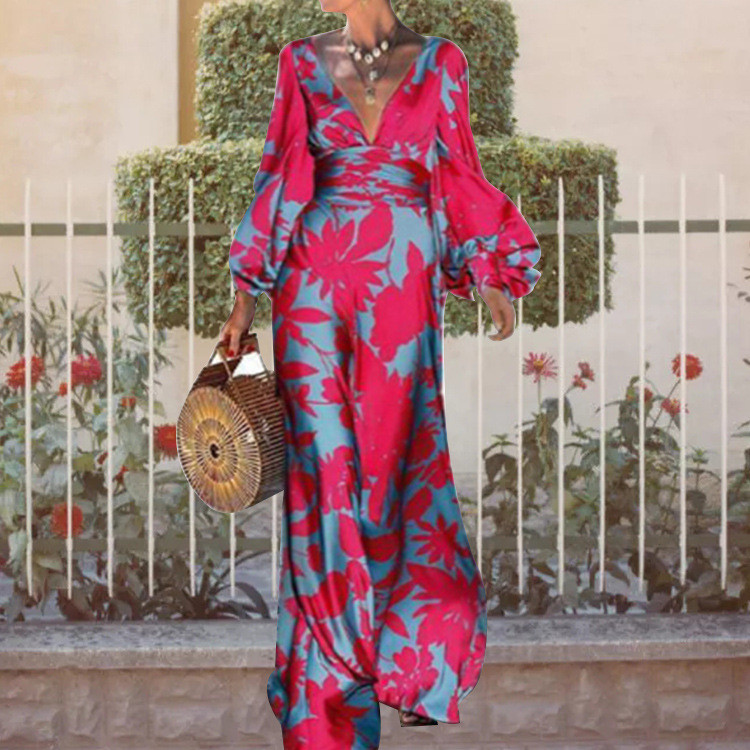 Fashion Elegant Print Sexy Deep V Neck Puff Sleeve High Waist Maxi Dress