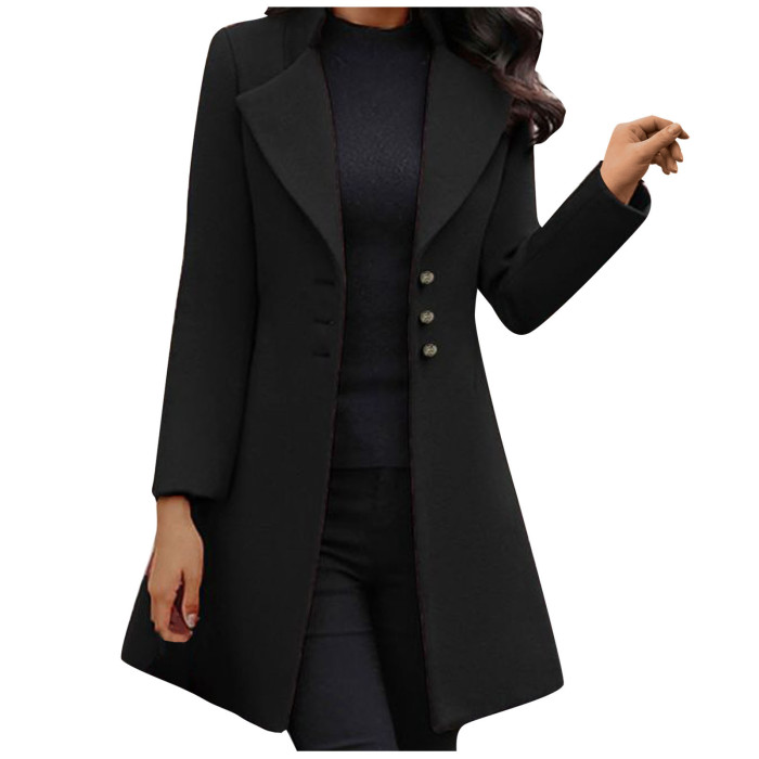 Fashionable Long-Sleeved Woolen Lapel Solid Color Loose Coat