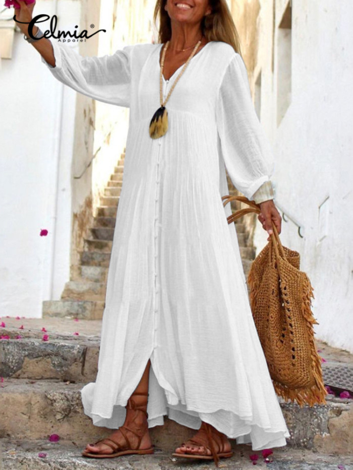 Boho Style Elegant V Neck Single Breasted Casual Puff Sleeve Solid Color Maxi Dress