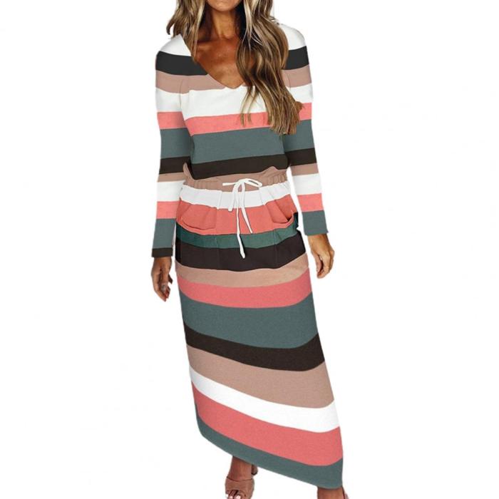 Fashion Striped Drawstring Casual V-Neck Long Sleeve Printed Loose  Maxi Dress