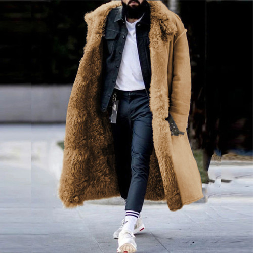 Men's Fashion Thick Faux Fur Solid Color Cardigan Long Coat
