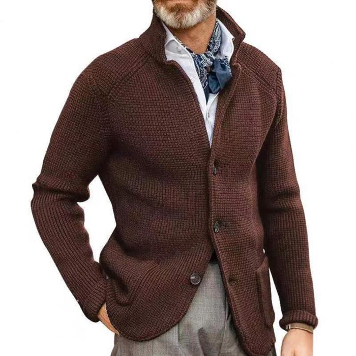 Men's Jacket Thick Solid Color Long Sleeve Stand Collar Single Breasted Sweater Cardigan