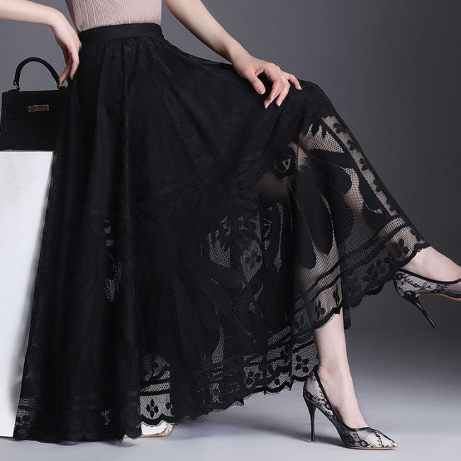 Lace Fashion Swing Tulle Solid Color Hollow Pleated A-Line Skirt