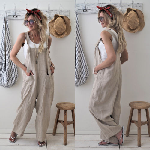 Women's Casual Loose Cotton Linen Pocket Jumpsuit