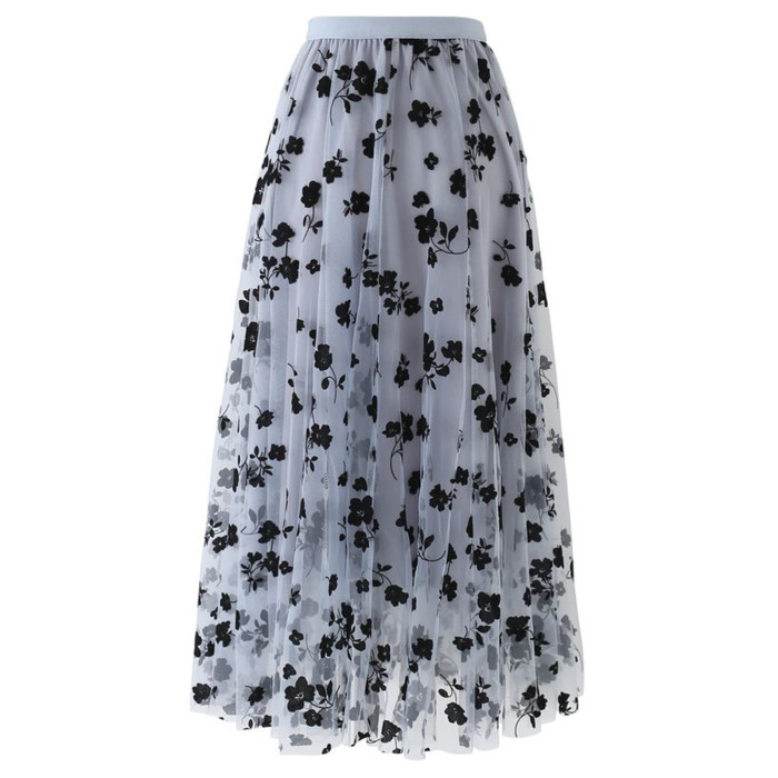 Fashion High Waist Mesh Tulle Elastic Pleated A-Line Skirt