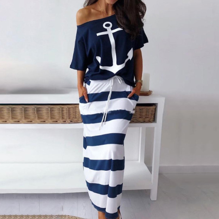 Fashion Loose Striped Casual Slim Sexy Slit Strapless Maxi Dress