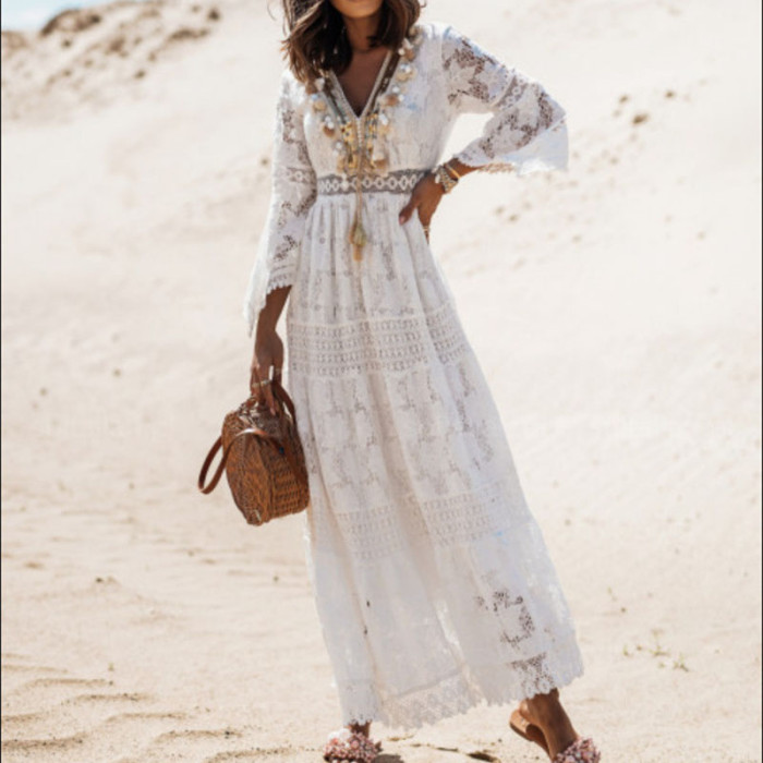Elegant V Neck Loose Flare Sleeve Lace Hollow Out Casual Maxi Dress