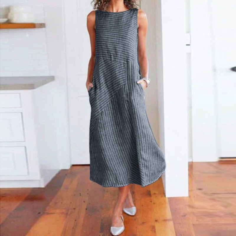 Trendy Casual Striped Print Sexy Sleeveless O-Neck Linen  Maxi Dress