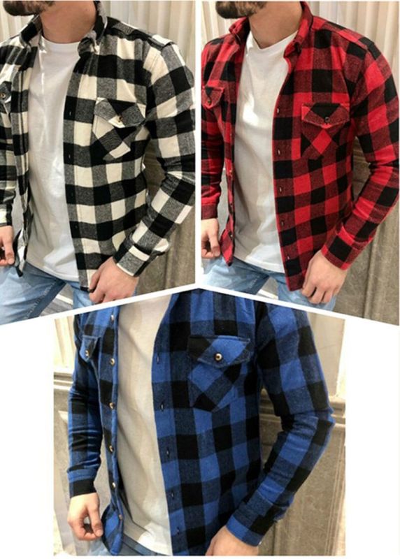 Men's Casual Plaid Long Sleeve Fashion Printed Lapel Button Blouse & Shirts