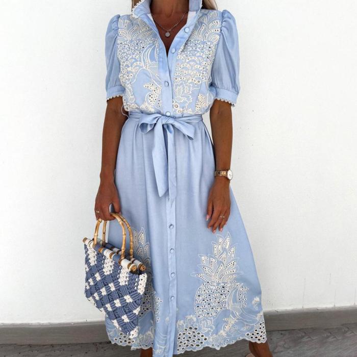 Elegant Embroidery Stand Collar Short Sleeve Hollow Out Shirt Dress
