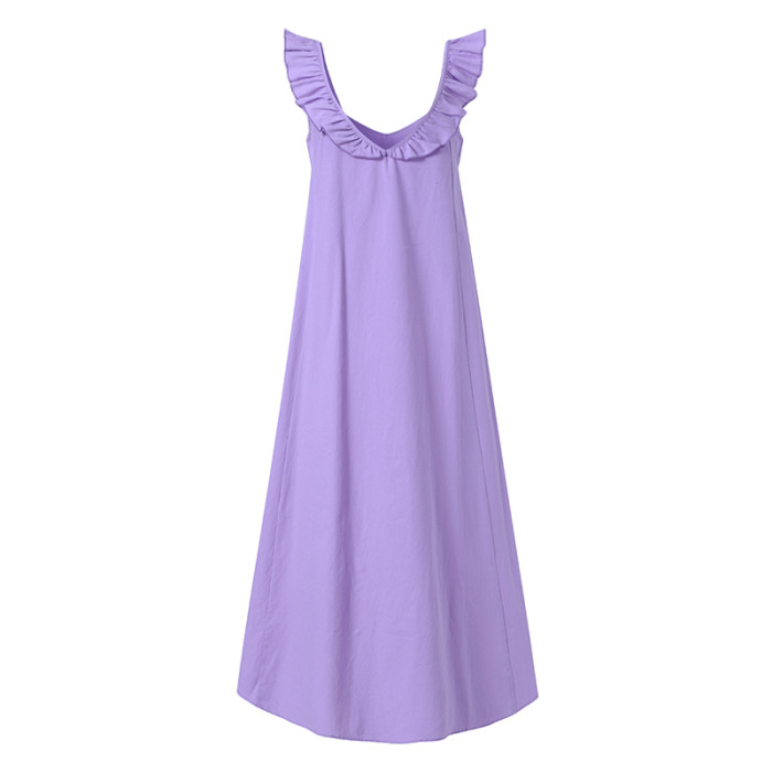 Elegant Sleeveless Strap Beach Solid Color Loose Ruffle Casual Midi Dress