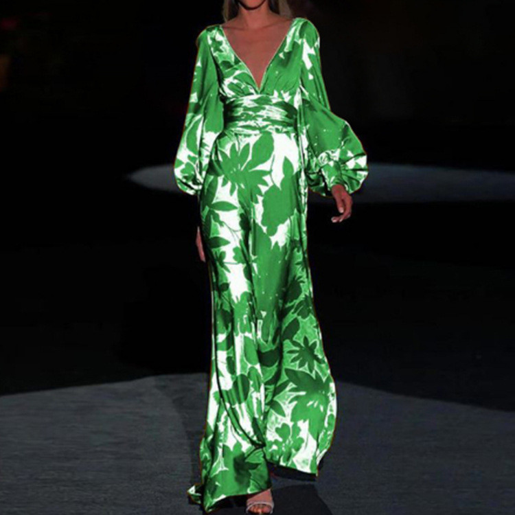 Fashion Elegant Print Sexy Deep V Neck Puff Sleeve High Waist Maxi Dress
