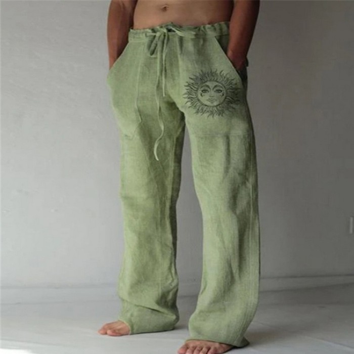 Men's Loose Linen Casual Pocket Wide Leg Drawstring Pants