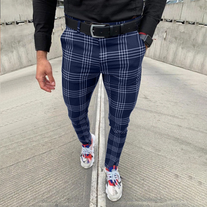 Men's Casual Plaid Elastic Mid Waist Tight Business Suit Pants