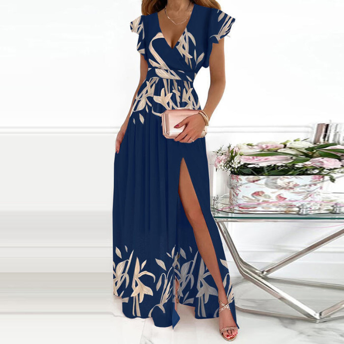 Elegant Butterfly Sleeve Solid Color Party Dress Sexy Deep V Neck High Slit Maxi Dress