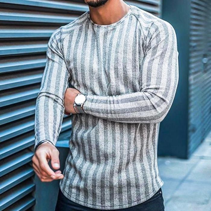 Fashion Long Sleeve Slim Striped Plaid Print Men's Pullover Sweater