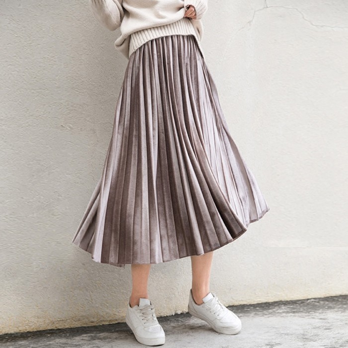 Fashion Metallic Silver Pleated High Waist Elastic Casual Party  Skirts
