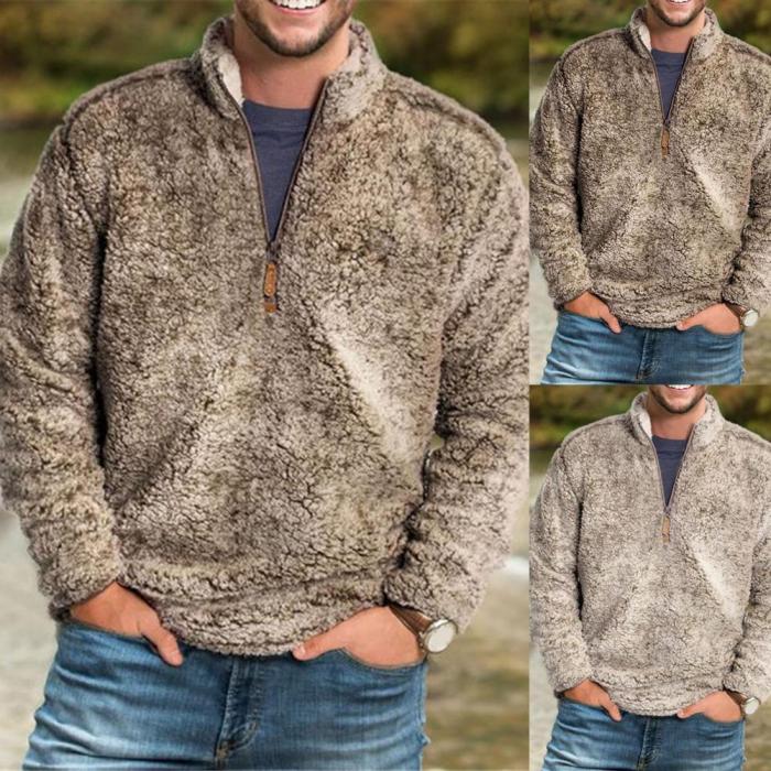 Men's Fashion Zipper Stand Collar Solid Color Sherpa Spacious Casual Coats & Jackets
