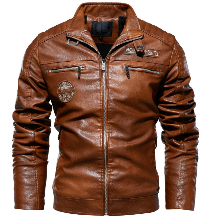 Jacket Men's Winter Fleece Motorcycle PU Stand Collar Casual Coats