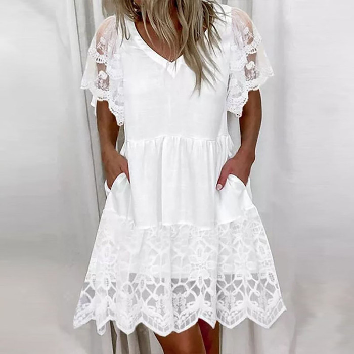 Fashion V Neck Ruffle Elegant White Embroidered Lace Mesh Party Mini Dress