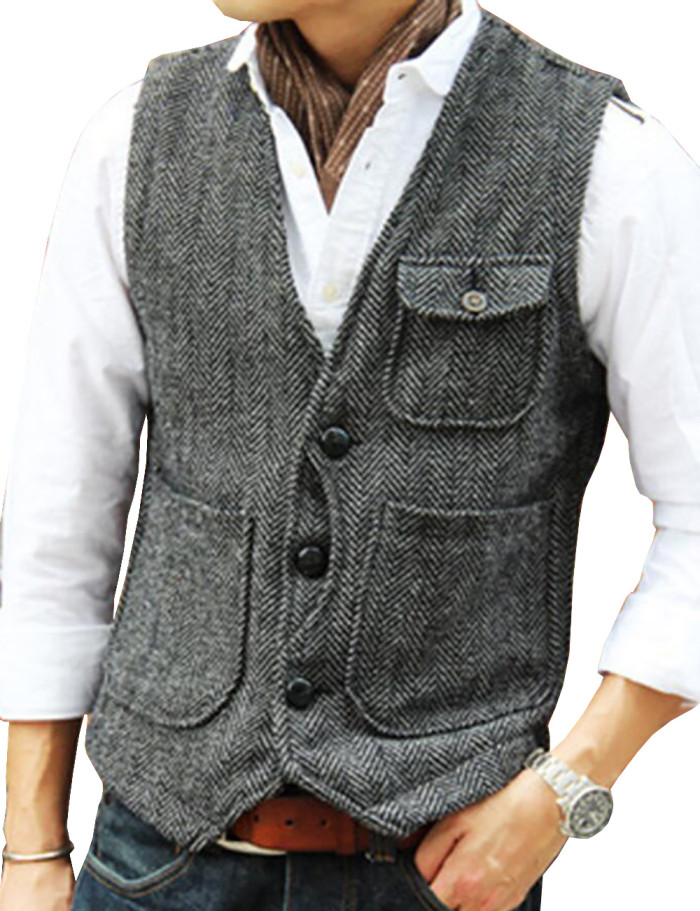 Men's Fashion Herringbone Wool Tweed V-Neck Single Breasted Vintage Cargo Vest