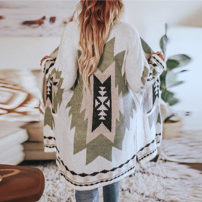 Fashion Knitted Cardigan Sweater Casual Vintage Print Coat