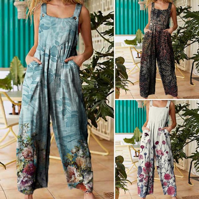 Fashion Printed Strap Pocket Wide-Leg Loose  Jumpsuits