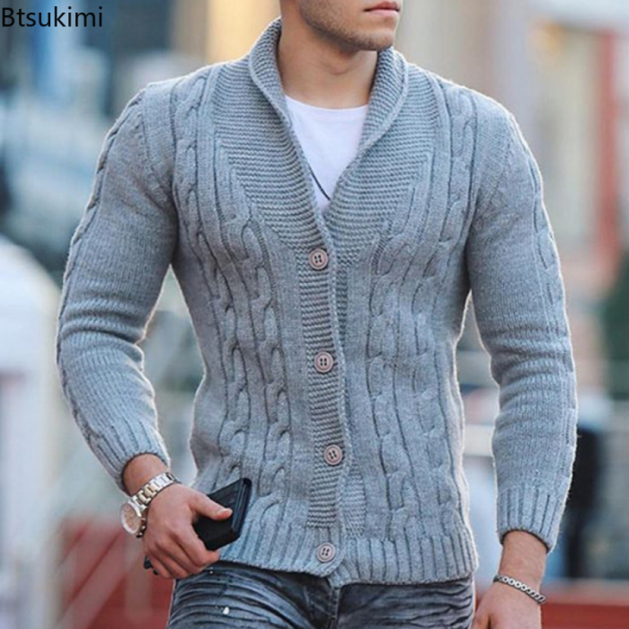 Men's Fashion Knit Solid Color Single Breasted Lapel Slim Button Cardigan