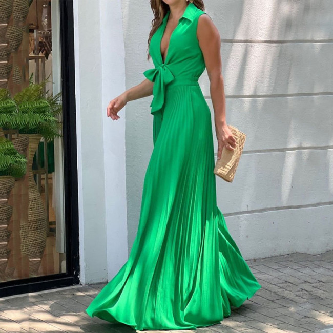 Fashion V Neck Sleeveless Lapel Solid Color Pleated Loose Wide Leg Jumpsuit