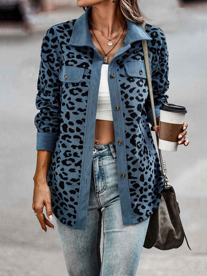 Fashion Leopard Print Corduroy Long Sleeve Loose Ladies Jacket