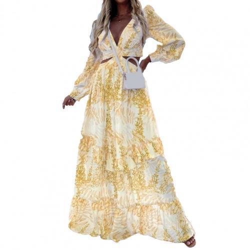 Bohemian Long Sleeve Deep V Neck Floral Maxi Dress